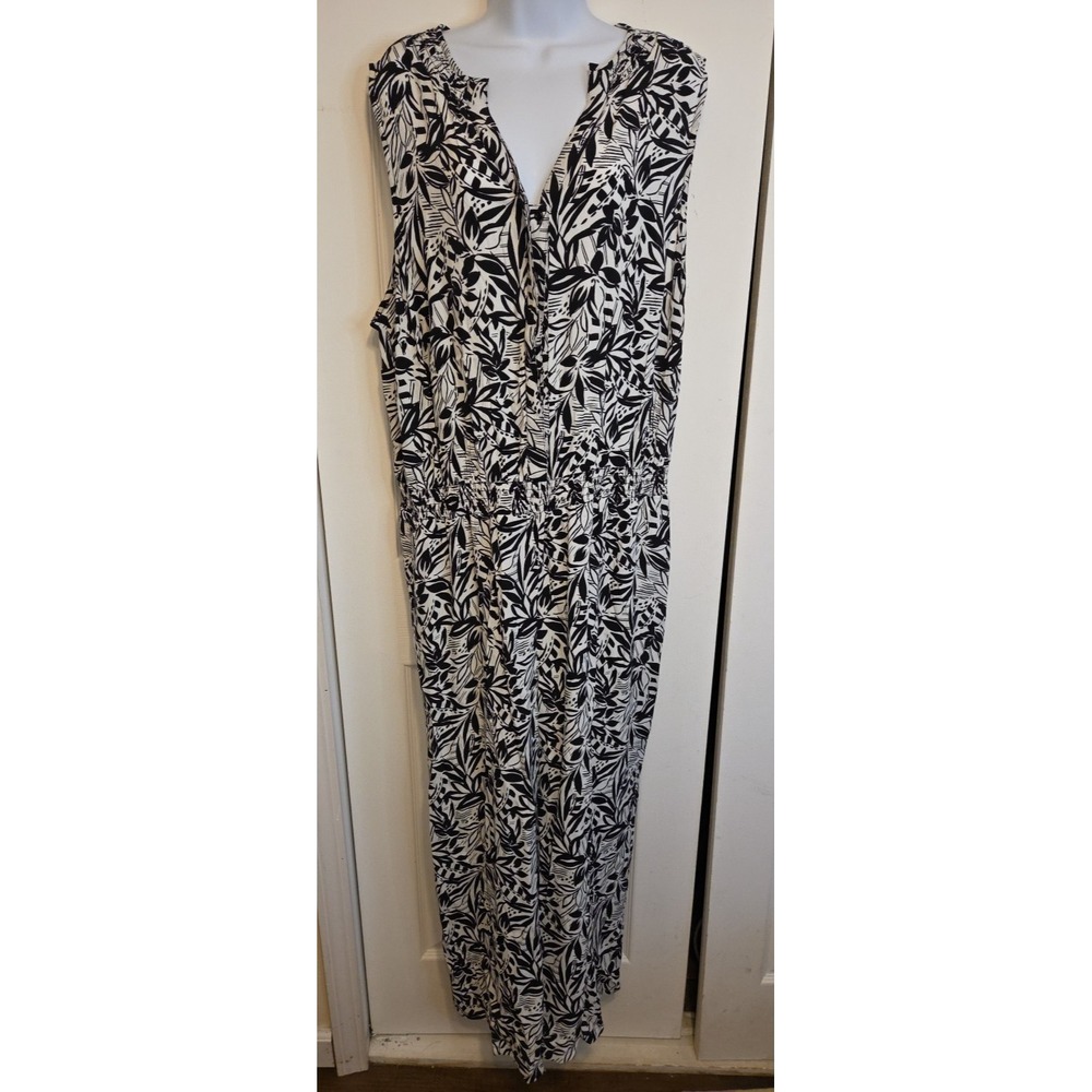 Lands End 20W Jumpsuit Black White Leaf Print Button Up Pullover Whimsigoth Boho